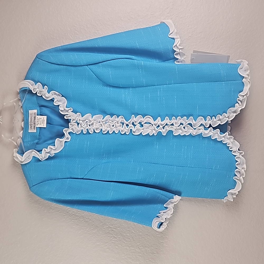 David Emanuel NWT Women's Turquoise Robin's Egg Blue 2 Piece Ruffle Lined Suit 8